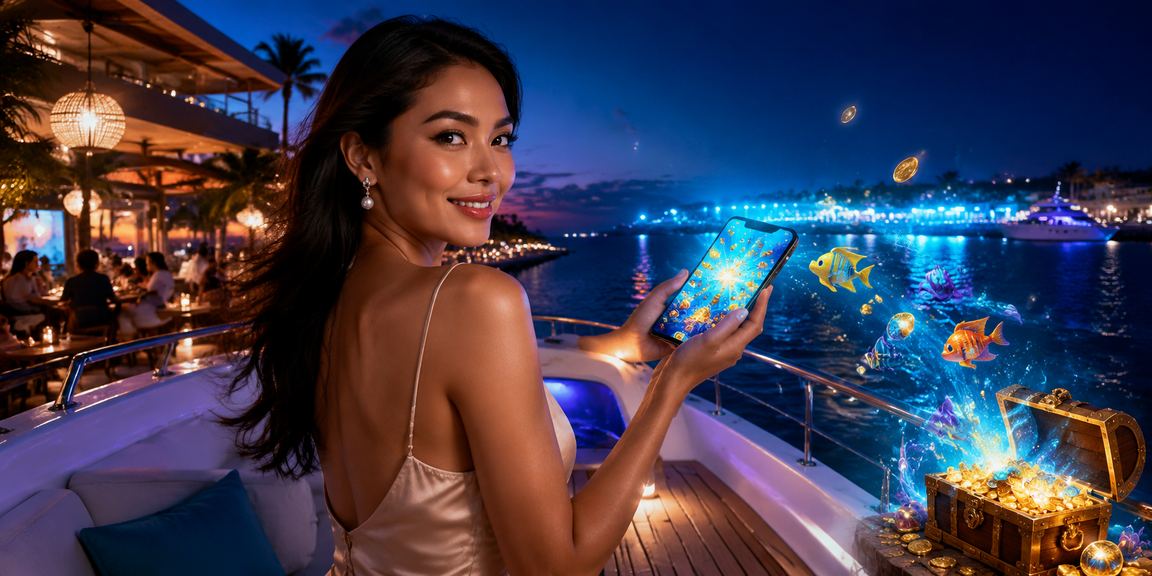 Permainan tembak ikan virtual di tepi pantai dengan tampilan grafis yang cerah dan berwarna